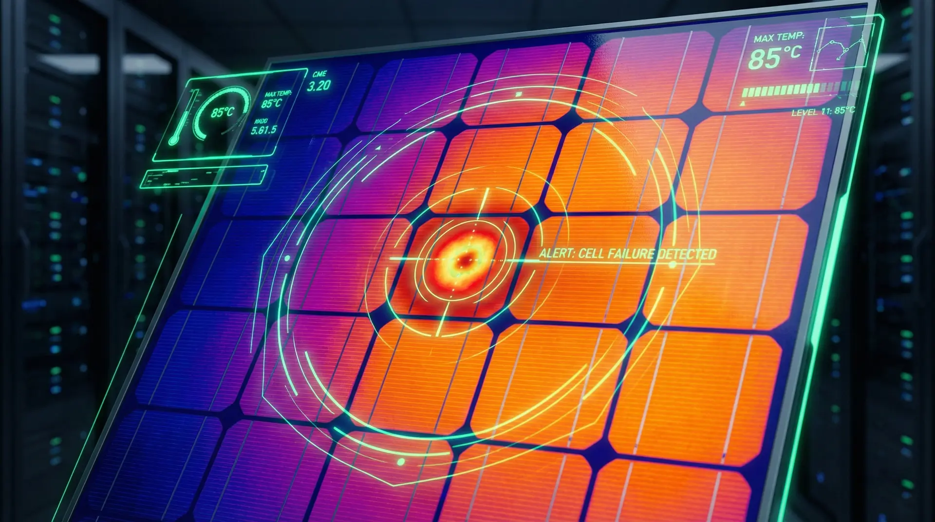 Wärmebild eines Solarmoduls mit markierter defekter Zelle